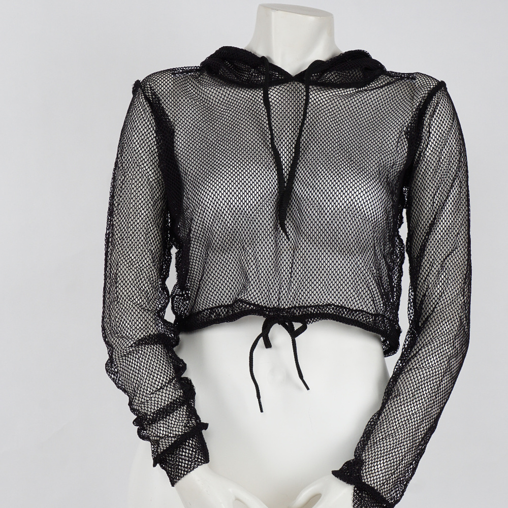 Sheer Mesh Crop Top Hoodie longs sleeves - Picture 3 of 5